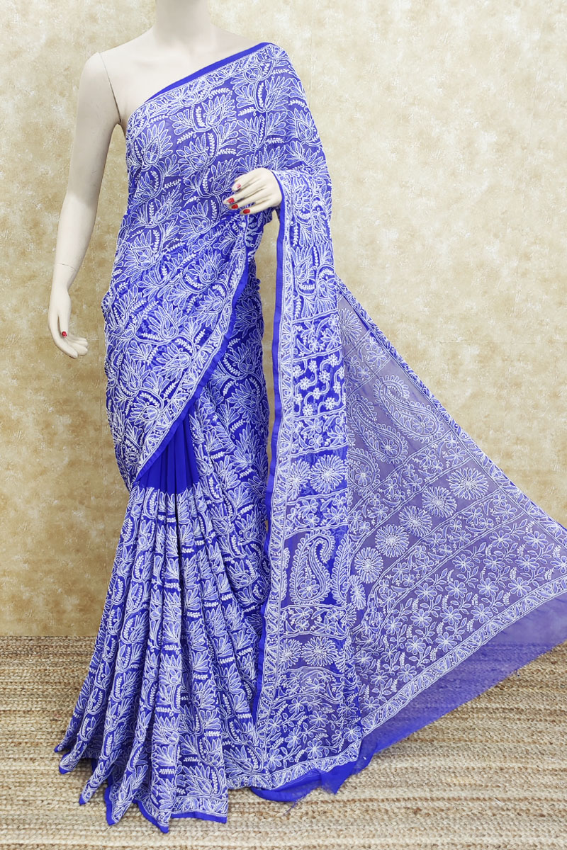 Blue Color Allover Hand Embroidered Work Lucknowi Chikankari Saree (With Blouse - georgette) MC251898